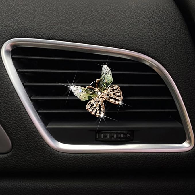 Bling Butterfly Car Vent Clips Rhinestone Decor - Cute Air Freshener & Aromatherapy Accessories for Women, Girls Dashboard Interior Decoration Set (green)
