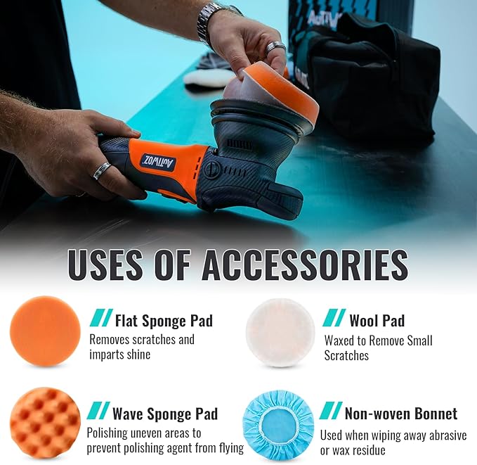 Car Buffer Polisher, 5 Inch Dual Action Polisher for Car Detailing, 9mm Random Orbital Car Polisher Buffer Kit, 6 Speeds 2000-6200RPM, 4 Buffing Pads for Car detailing, Polishing, Waxing, W01
