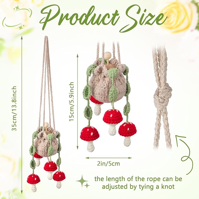 Cute Crochet Plant Car Freshener 12ml Empty Refillable Diffuser Bottle with Plants Hanging Accessories for Rearview Mirror Home Office Decor Women Mother's Day Gifts(Mushroom)