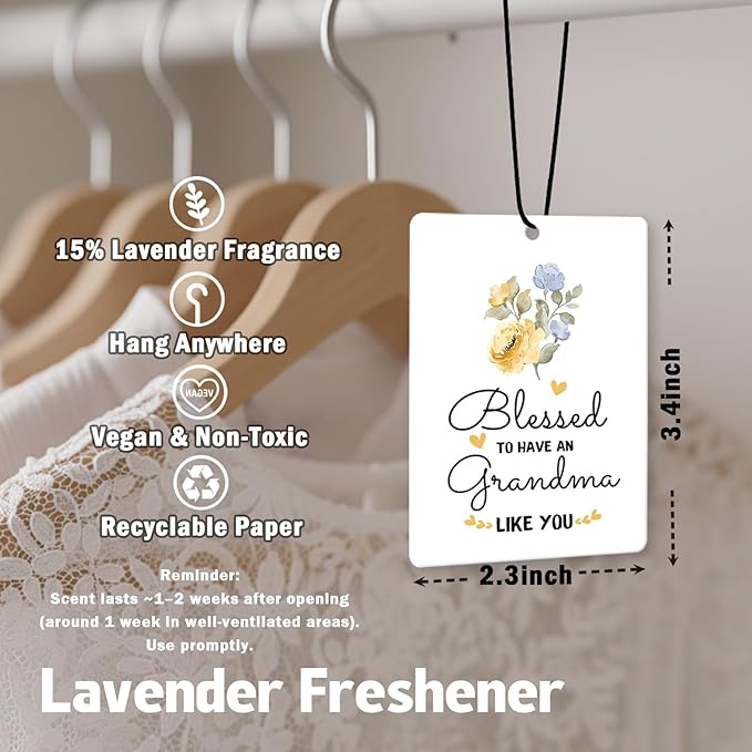 Grandma Gifts Car Air Freshener Hanging 3 Pack, Blessed to Have An Grandmother Car Accessories Gifts for Grandma Christmas Women, Rustic Floral Scent Card Lavender for Closet Bathroom Decor