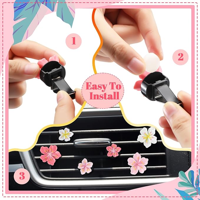 Timtin 12Pcs Cute Car Air Freshener Vent Clips Flower Air Vent Clips for Fresheners Pink Hawaiian Hibiscus and Cherry Blossom Car Accessories Aesthetic Interior Decor for Women Peach Blossom
