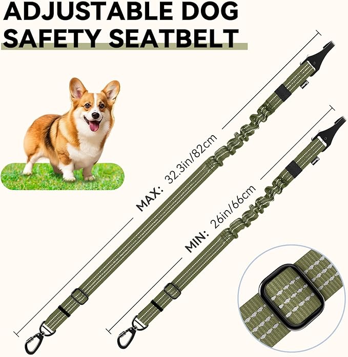 Pawaboo 2Pack Dog Seatbelt for Car, 3-in-1 Dog Car Seat Belt, Shockproof Dogs Tether with Buckle & Hook Latch, Adjustable Reflective Dogs Cars Leash with 360° Lockable Buckle, Army Green + Black
