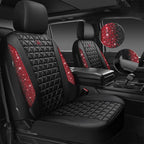CAR PASS Bling Diamond Black Leather Car Seat Covers for 2 Front Interior Sets, Waterproof Shining Glitter Sparkly Crystal Universal Armrest Fit Automotive Truck SUV Cute Women Girl, Red Rhinestone