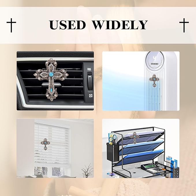 Cross Car Decor,Vintage Cross Air Vent Clips Car Freshener,Bling Rhinestone Turquoise Accent Auto Interior Dashboard Decorations Accessories,Refillable Diffuser