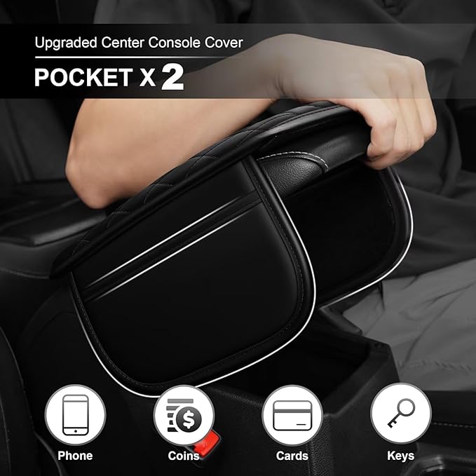 Upgraded Car Center Console Cover Fit for Avalon Faux Leather Car Armrest Cover Cushion with 2 Storage Bags,Car Armrest Storage Box Interior Accessories(Black)