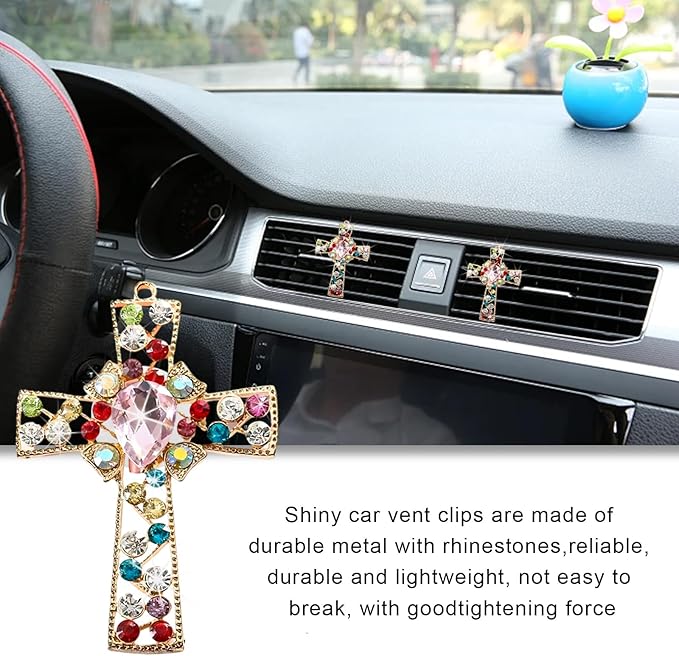 2PCS Bling Car Air Vent Clip, Crystal Cross Air Conditioner Outlet Air Fresheners Vent Clips, Sparkly Bedazzled Decor Rhinestone Cross Diffuser Clip, Interior Car Accessories (Light Pink)