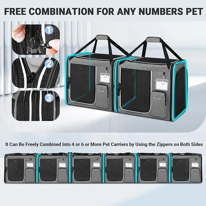 Petskd 2 in 1 Double Cat Car Travel Carrier with Litter Box, 38"x17"x18" Portable Dual Extra Large Cat Carrier for Multiple Cats with Zipper Locks for Moving Across The Country(Grey)