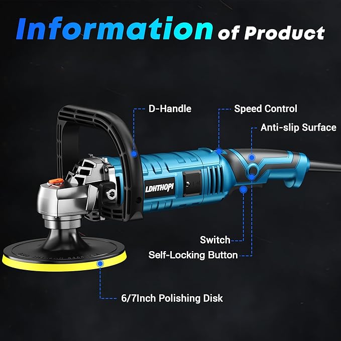 LDHTHOPI Buffer Polisher Kit for Car - 6/7 Inch Rotary 1600w Polisher Buffer Waxer,7 Variable Speed 1000-3500rpm,Detachable Handle Buffing Machine for Car, Boat Sanding, Polishing Waxing, Blue 3