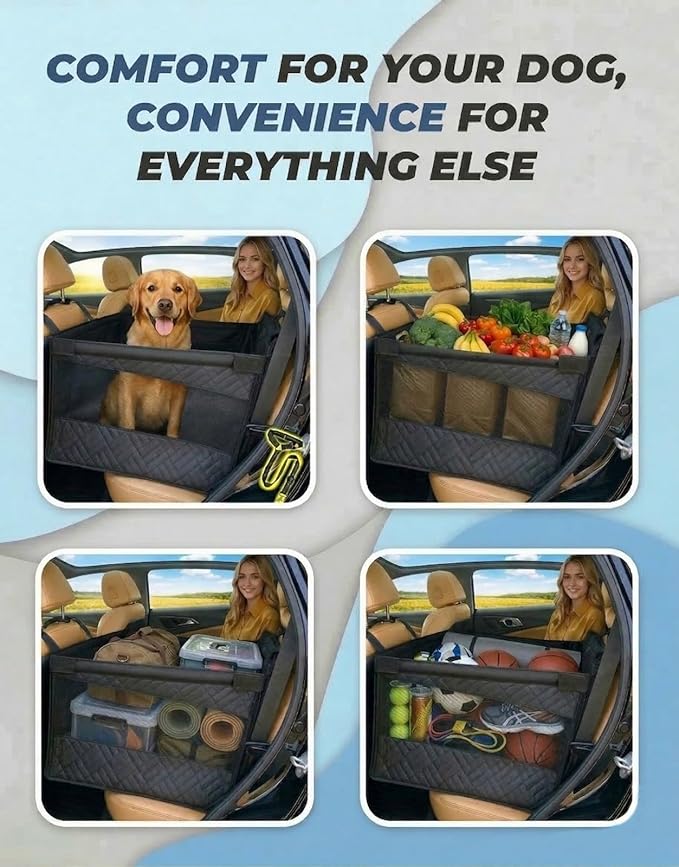 Large Dog Car Seat Extender, Waterproof Back Seat Cover with Hard Base, Seatbelt Leash, Washable Back Seat Extender, with Storage Pocket for SUV, Truck, Car