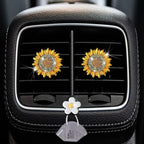 Bling Sunflower Air Vent Clips, 2 Pcs Golden Sunflower Car Air Fresheners Vent Clips Car Diffuser Diamond Decoration Interior Decor Cute Accessories for Women Girls + Mask Hook