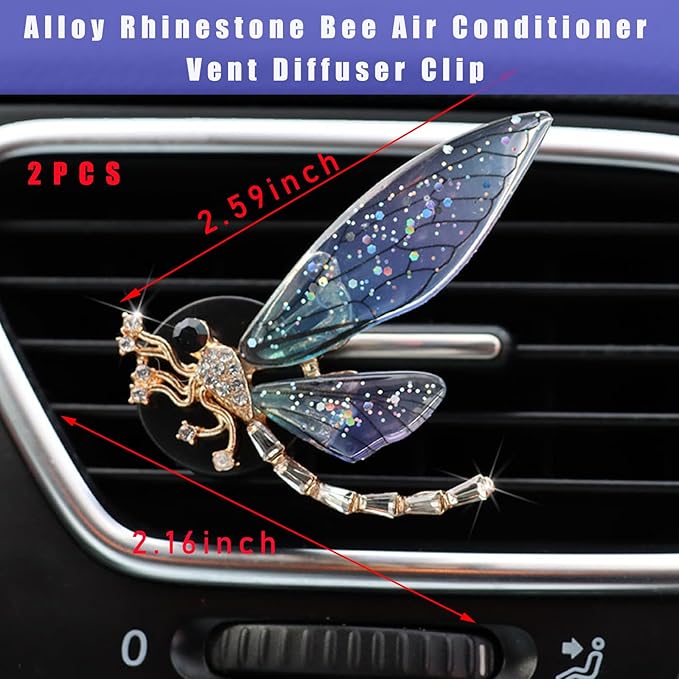 Augeny 2PCS Bling Dragonfly Air Vent Clips, Cute Crystal Car Air Fresheners Vent Clips, Rhinestone Diamond Auto Diffuser Vent Clip for Women Girls, Car Interior Decor Accessories (Blue)