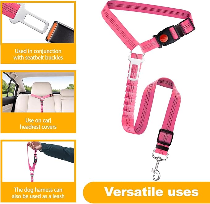 2-Pack Dog Car Seat Belt, 3-in-1 Headrest-Mounted Dog Seatbelt for Car, Adjustable Nylon Pet Safety Leash with Elastic Buffer & Reflective Stitching, Durable Car Harness for Dogs Fits Most Vehicles