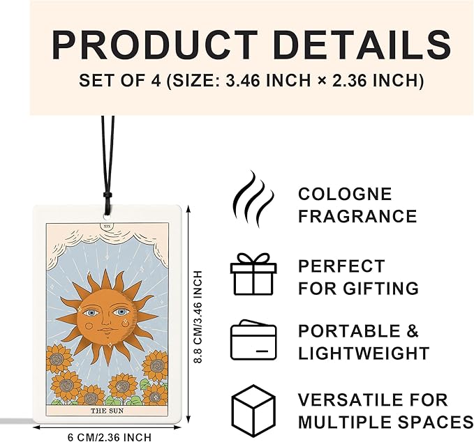 Vintage Boho Witchy Tarot Card Car Air Freshener 4 Pcs, the Sun Moon Star Lovers Tarot Card Air Freshener Hanging for Cars Books Closet Drawer, Witchy Car Accessories for Women Men