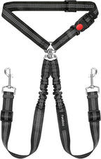 Pawaboo Dog Seat Belt for Car, Double Dogs Car Seatbelt Adjustable, 360° No Tangle Dogs Vehicle Safety Leash with Elastic Bungee Buffer, Reflective Y Shape Two Dog Cars Harness for Pets Cars Travel