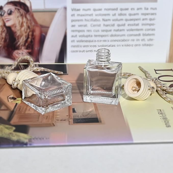 20PCS Mini Flat Square Car 10ML Perfume Empty Bottles with Gold Wire Rope Flat Square Bottles-10ml Car Diffuser Bottles for Essential Oils-Essential Oil Car Freshener-Hanging Car Air Freshener