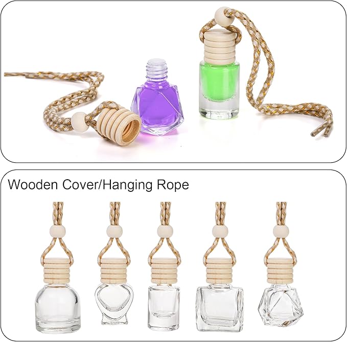 Fasmov 100 Pcs Hanging Car Air Freshener Diffuser, 10ml/8ml/5ml Empty Clear Glass Essential Diffuser Oil Aromatherapy Fragrance Perfume Pendant Glass Vials with Wooden Caps Lanyard, 5 Assorted Style