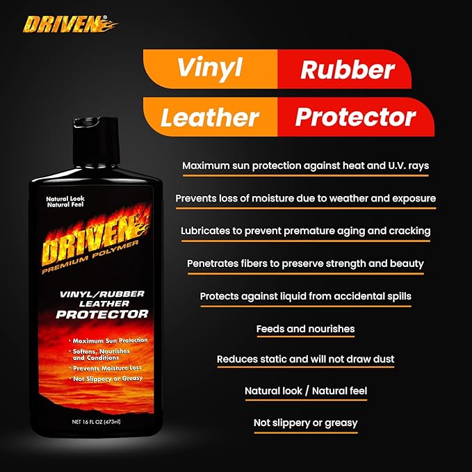 DRIVEN Vinyl/Rubber/Leather Protector with Rich Gels, Protective Polymers & UV Sunscreen - for Car, Boat, RV Interiors, Furniture, Apparel, Boots, & More - Prevents Fading, Cracking & Discoloration