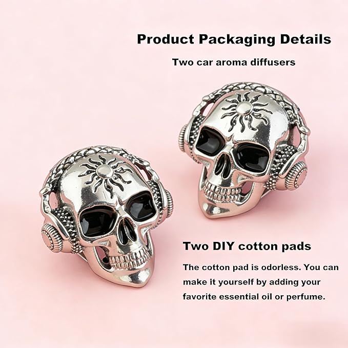 Gothic Skull Car Air Freshener Vent Clips with 2 Pads, Halloween Scented Car Accessories for Men Women, Automotive Interior Decor and Cool Car Fresheners for Men， Spooky Gift Idea-A8