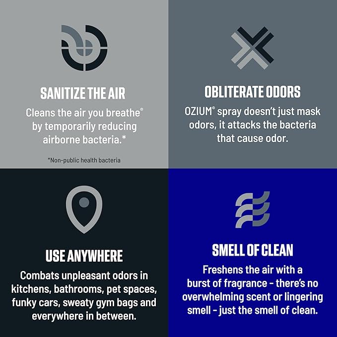 Ozium Air Sanitizer Spray - Room Odor Eliminator for Home, Car, and Office - Carbon Black - 0.8 oz Can - 6 Pack