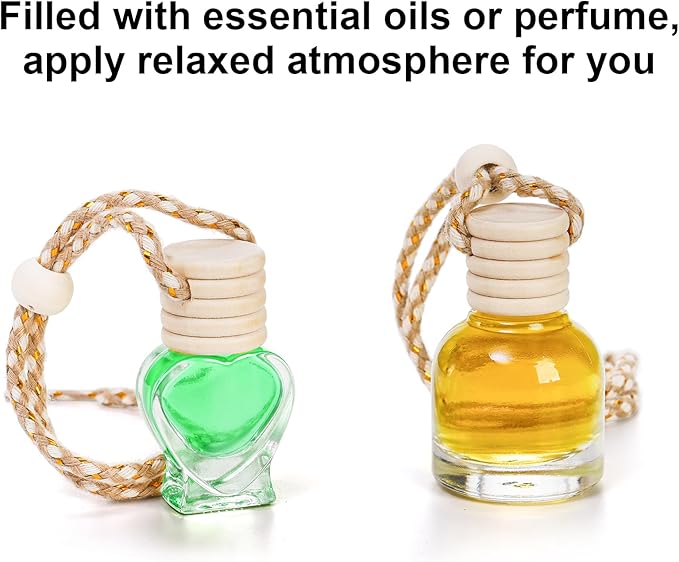 Fasmov 100 Pcs Hanging Car Air Freshener Diffuser, 10ml/8ml/5ml Empty Clear Glass Essential Diffuser Oil Aromatherapy Fragrance Perfume Pendant Glass Vials with Wooden Caps Lanyard, 5 Assorted Style