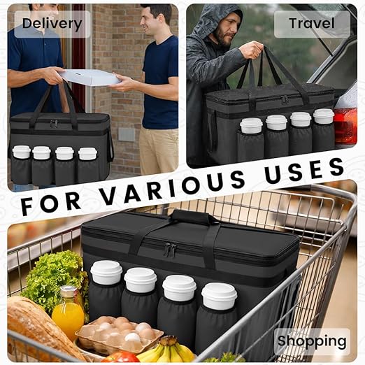 CIVJET Insulated Food Delivery Bag with 4 Cup Holders, XXX-Large Grocery Bags Keep Food Hot/Cold, Catering Cooler Bags with Drink Carrier, Commercial Food Warmer for Transport & Shopping, Black