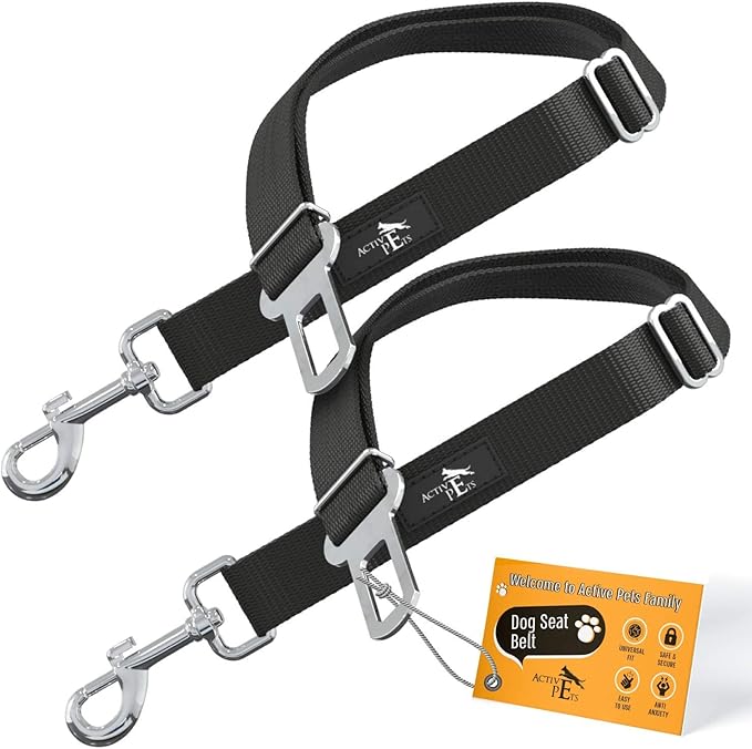 Active Pets Black Car Seat Belt for Dogs 2 Pack, Attaches to Harness & Collar, Adjusts 18" - 24" Safety & Comfort Travel Restraint System Fits Small - Large Pups, Seatbelt Pet Supplies & Accessories