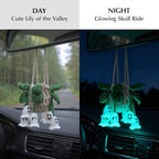 Handmade Crochet Hanging Car Air Freshener - Glow-in-the-Dark Lily of the Valley Plant with 12ml Refillable Essential Oil Diffuser Bottle, Halloween Car Accessories & Bedroom Nightlight Decor
