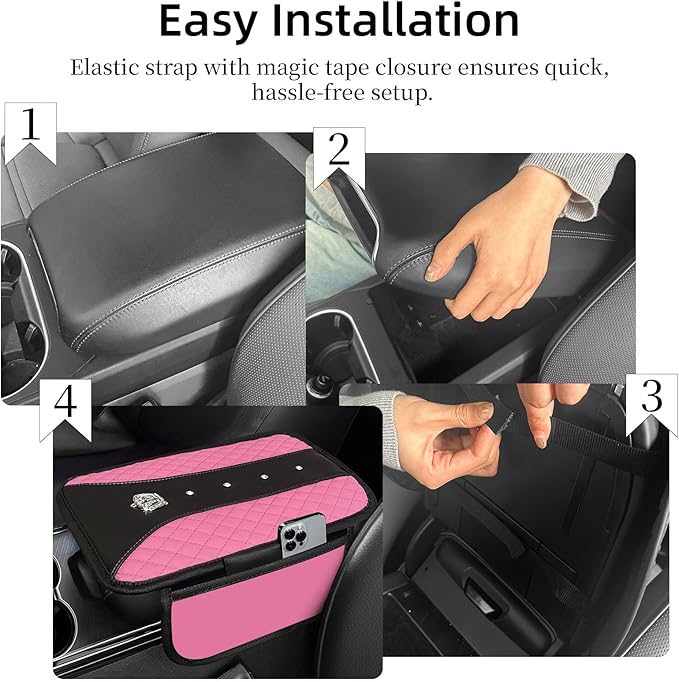 NBTEPEM Bling Crown Car Center Console Armrest Cover, Leather Middle Console Cover Cushion with 2 Storage Bags, Car Armrest Storage Box Interior Accessories for Most Vehicles(Pink)