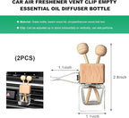2PCS Car Diffuser Air Freshener Bottle, Empty Essential Oil Perfume Glass Bottle with Vent Clip, Wooden Clear Aromatherapy Fragrance Ornament Auto Decor, Interior Car Accessories