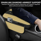 NBTEPEM Bling Crown Car Center Console Armrest Cover, Leather Middle Console Cover Cushion with 2 Storage Bags, Car Armrest Storage Box Interior Accessories for Most Vehicles(Beige)