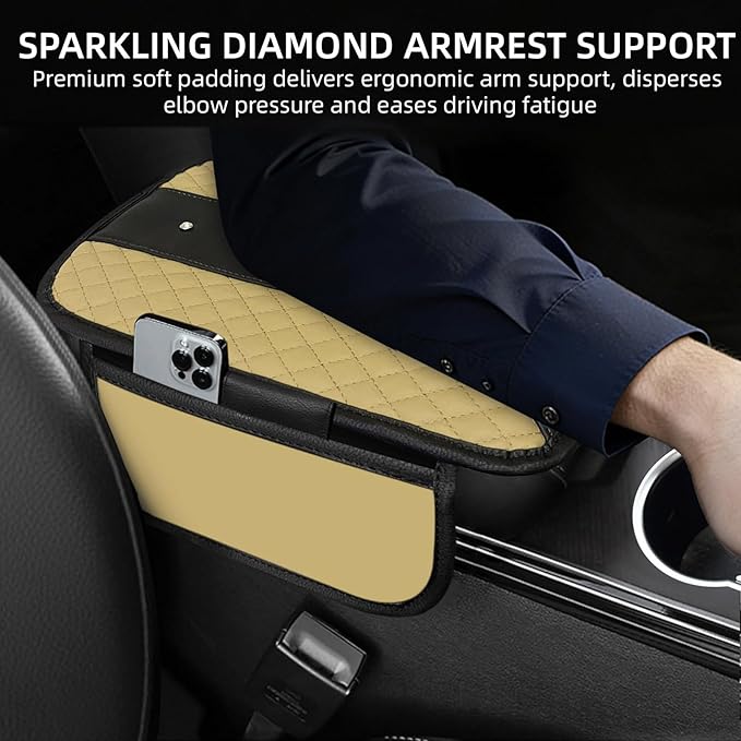 NBTEPEM Bling Crown Car Center Console Armrest Cover, Leather Middle Console Cover Cushion with 2 Storage Bags, Car Armrest Storage Box Interior Accessories for Most Vehicles(Beige)