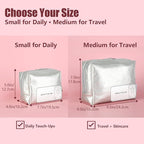 Insulated Makeup Bag with 2 Reusable Ice Packs Heat-Resistant Cosmetic Travel Pouch, Silver Vegan Leather Organizer with Water-Resistant Double Zipper & Wrist Strap(Small: 7.5 x 4.0 x 5.0 in)