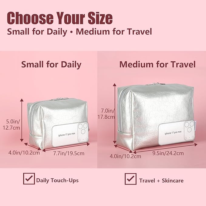 Insulated Cooling Makeup Bag with 2 Reusable Ice Packs Heat-Resistant Cosmetic Travel Organizer Silver Vegan Leather with Water-Resistant Double Zipper & Wrist Strap (Medium: 9.5x4.0x7.0in)