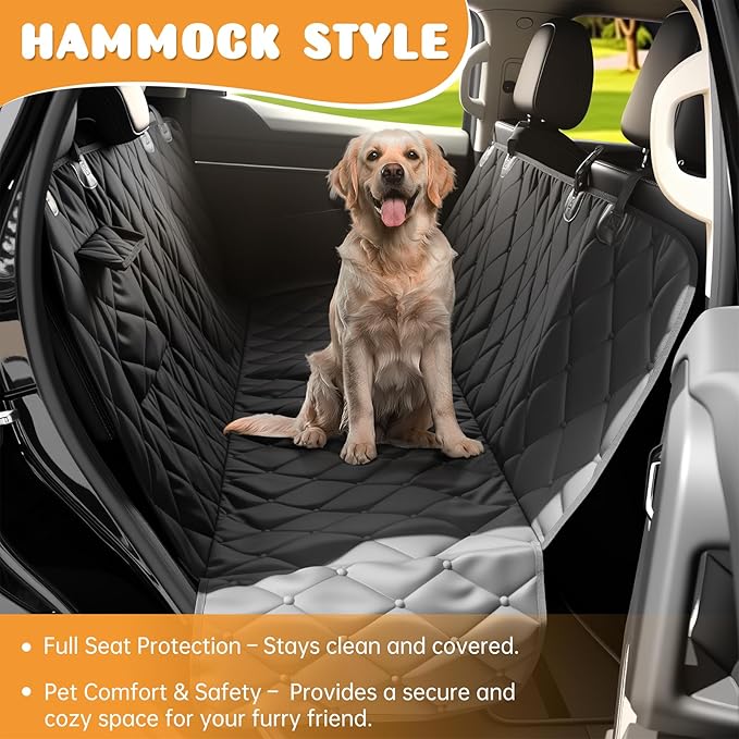 Dog Car Seat Cover for Back Seat 100% Waterproof, Long-Lasting and Soft Nonslip Backseat Dog Cover for Cars, SUVs and Trucks, 600D Oxford Fabric, Black, Standard (54" W x 59" L)