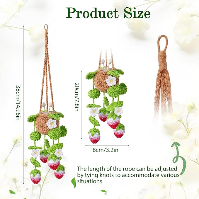 Crochet Car Air Freshener, 10ml Empty Refillable Oil Diffuser Bottle with Hanging Crochet Flower Strawberry Plant & Hanging Tools, Car Rearview Mirror Diffuser for Wall Art & Home & Office Decoration