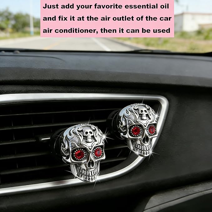 Gothic Skull Car Air Freshener Vent Clips with 2 Pads, Halloween Scented Car Accessories for Men Women, Automotive Interior Decor and Cool Car Fresheners for Men， Spooky Gift Idea-A2