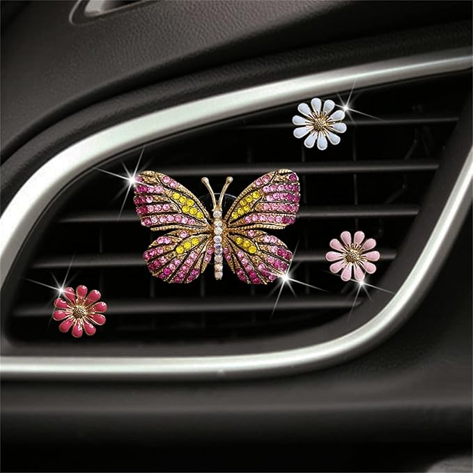 Bling Butterfly Car Clip Decor Interior，Cute Car Vent Clips Dashboard Decorations, Car Accessories Air Aromatherapy Vent Clip,Car Air Freshener Vent Clips, Rhinestone Car Accessories for Girls Womens Car Interior Decoration Cute Set (Pink Butterfly + 3...