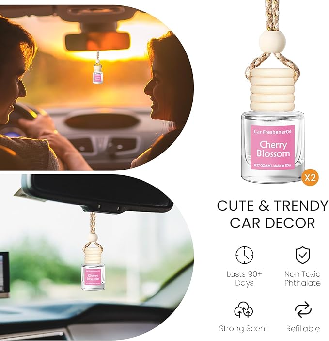 Hanging Car Air Freshener, Long Lasting Scent, Cute Air Fresheners for Women, 2 Pack Non-Toxic Essential Oil Diffuser, Made in USA