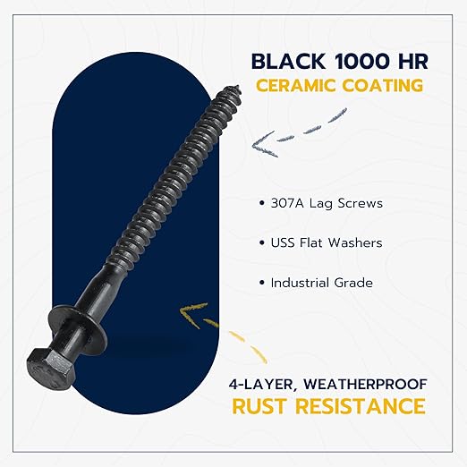 1/4 x 4 (50 Pack) Lag Screw Kit, 50 Screws and 50 Washers, Ceramic Black Ruspert Coating for Exterior Use, Meets ASTM A307 and ASME B18.2.1, Industrial/Commerical Grade by Makers Bolt