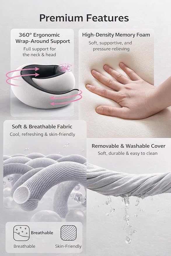 Neck Travel Pillow |100% Pure Memory Foam Neck Pillow Comfortable & Breathable Cover, Machine Washable for Travel, Airplane, Car Rides, & Home Use, Travel Kit with Eye Masks, Earplugs, & Bag (Pink)