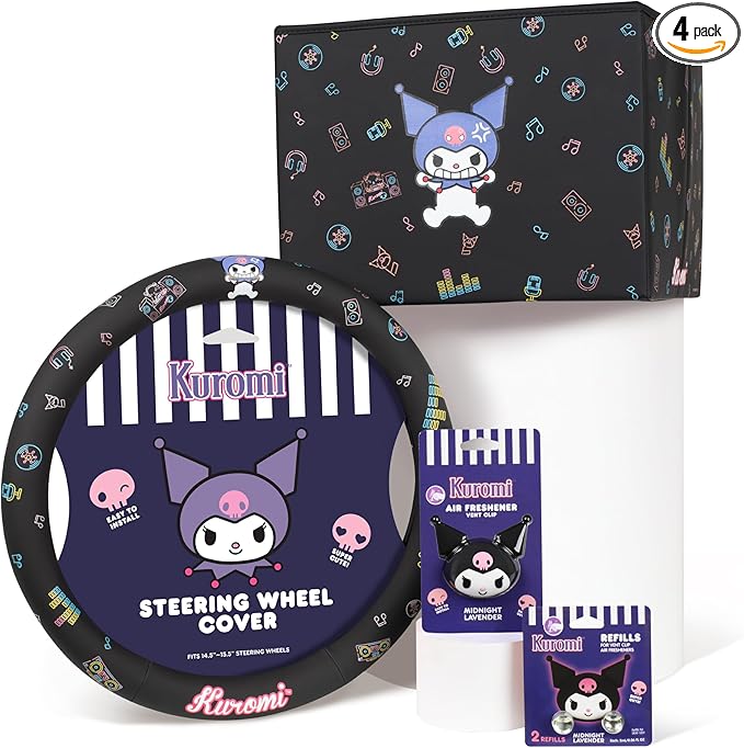 Sanrio Kuromi Car Trunk Organizer, Steering Wheel Cover, Air Freshener & Refill – Cute, Collapsible, Heavy-Duty Storage & Car Accessories for Groceries, Tools, Travel – 12.5"L x 12.5"W x 9"H
