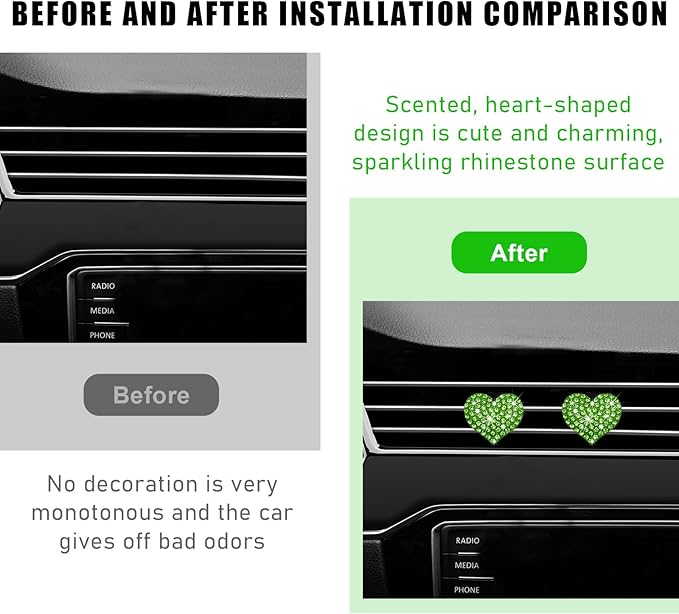 Ziciner 2PCS Bling Heart Car Air Vent Clips Charms, Heart Shaped Crystal Air Freshener Vent Clips, Rhinestone Air Conditioning Outlet Clip, Car Decor Accessories for Women Girls (Green)