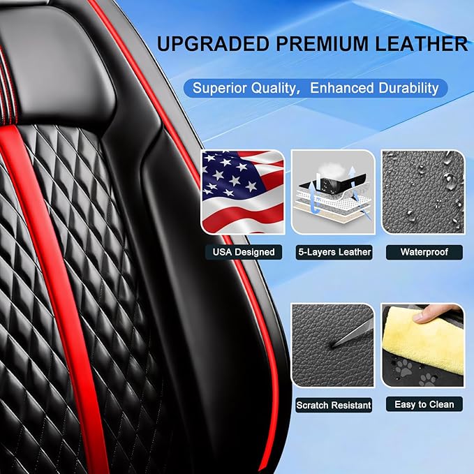Fit Impala Car Seat Covers (Front Pair) for Select Chevrolet/Chevy Impala 2000-2020 - Premium Full Coverage Leather, Airbag Compatible, Waterproof All Weather Seat Protector, Red Trim