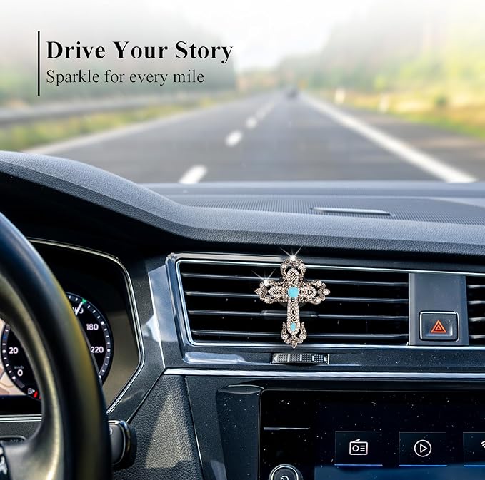 Cross Car Decor,Vintage Cross Air Vent Clips Car Freshener,Bling Rhinestone Turquoise Accent Auto Interior Dashboard Decorations Accessories,Refillable Diffuser