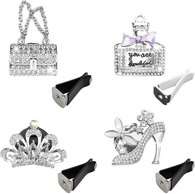 4PCS Bling Air Freshener Vent Clip, Crystal Rhinestone Heels Bag Crown Perfume Bottle Dashboard Air Vent Trim Clips, Cars Accessories Interior Decor (Sliver)