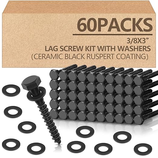 Tandefio 60 Pack 3/8''x 3'' Ceramic Black Lag Screw Kit with Washers Hex Lag Bolts Wood Screws Heavy Duty Ruspert Coating Hot Dip Galvanized Double Layer for Wood Decks Fences