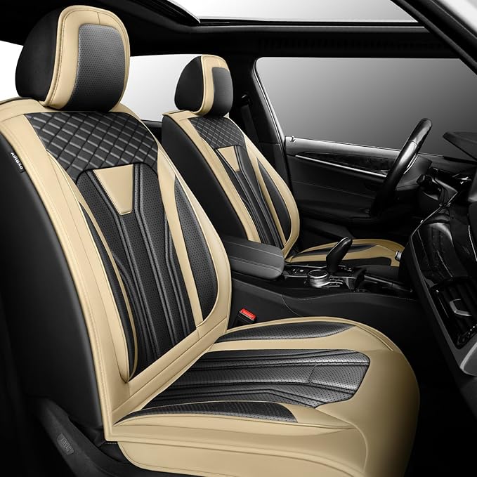 Fit Altima Car Seat Covers Compatible with Nissan Altima 2011-2025 2026 - Premium Leather， Waterproof Breathable， All-Weather Seat Cushion Protecto&Airbag Compatible (2 Front Seat Beige&Black)