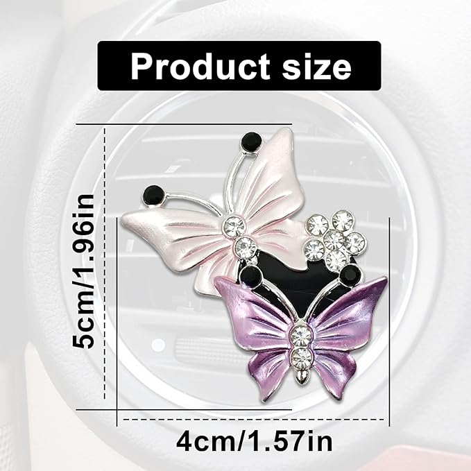 Cute Dual Butterfly Air Vent Clips, 2Pcs Dual Butterfly Diamond Car Air Fresheners Vent Clips, Car Air Conditioning Outlet Clip Decorative Interior Accessories(Pink)