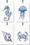 Blue and White Porcelain Beach Car Air Freshener 4 Pcs, Chinoiserie Coastal Seahorse Jellyfish Conch Crab Air Freshener Hanging for Cars Books Closet Drawer, Girly Car Accessories for Women