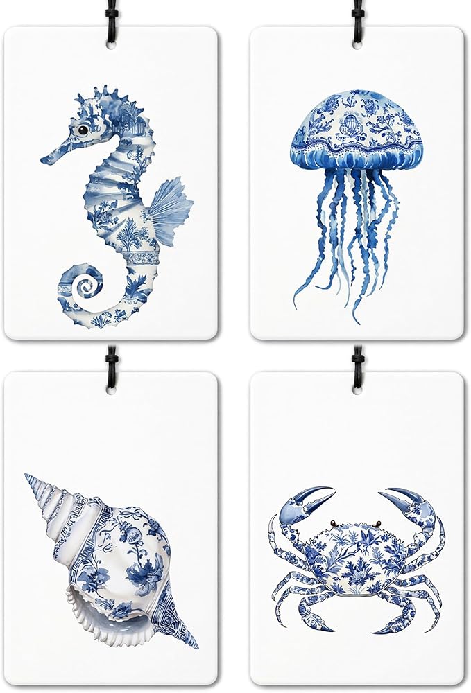 Blue and White Porcelain Beach Car Air Freshener 4 Pcs, Chinoiserie Coastal Seahorse Jellyfish Conch Crab Air Freshener Hanging for Cars Books Closet Drawer, Girly Car Accessories for Women